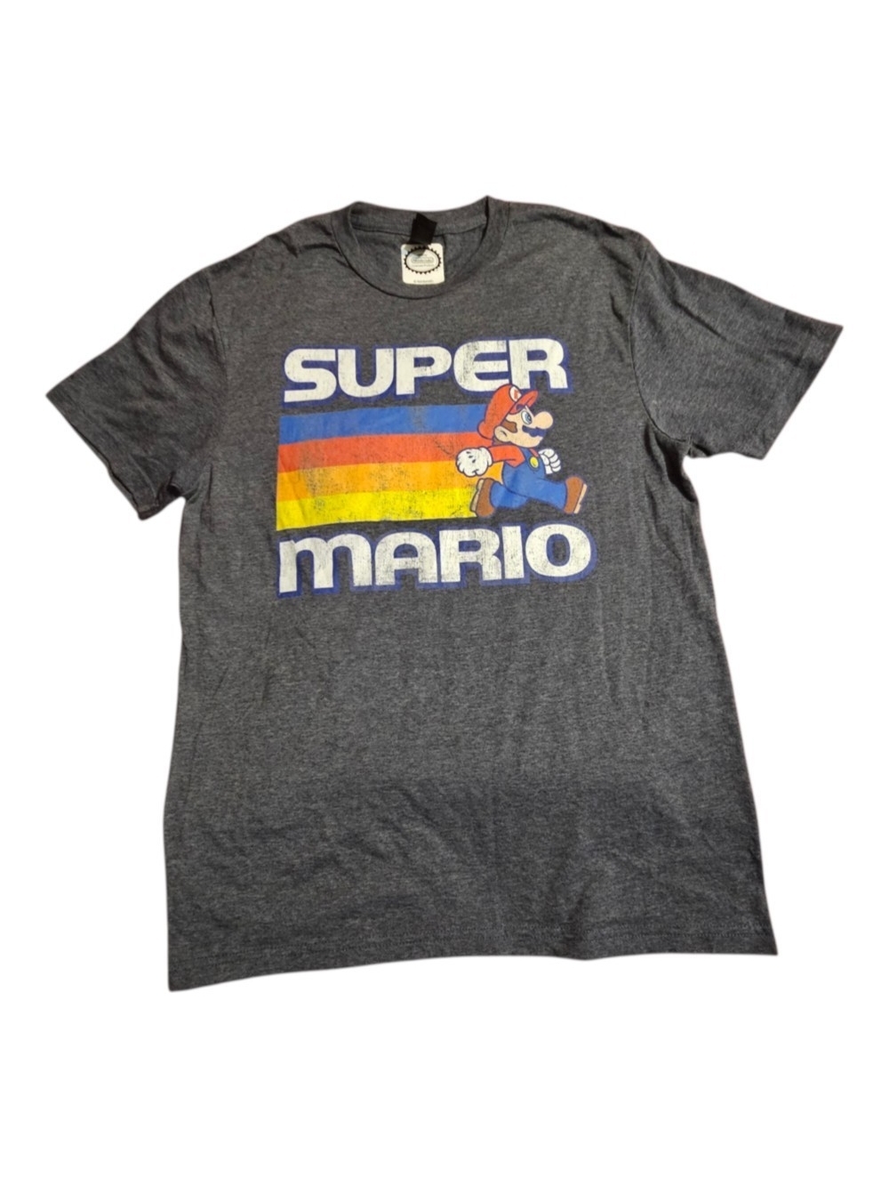 Gildan Charcoal Super Mario Retro Stripe Tee - Blue/Red/Yellow